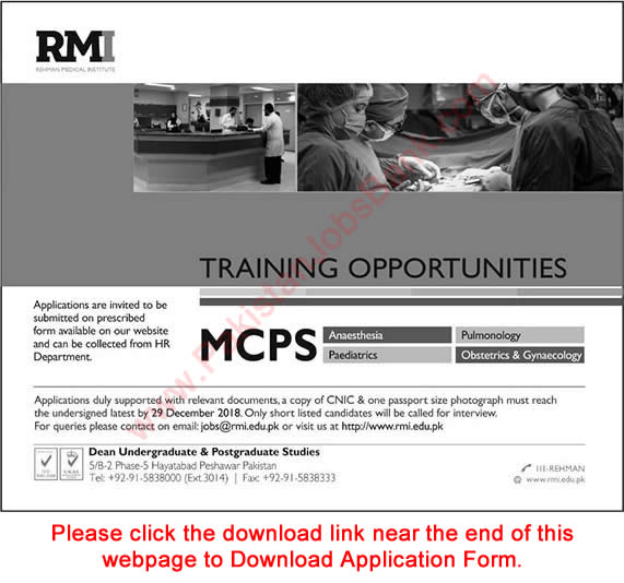 RMI Peshawar MCPS Training 2019 Application Form Rehman Medical
